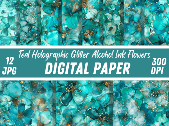 Download Teal Gold Glitter Alcohol Ink Floral - Premium Bundle